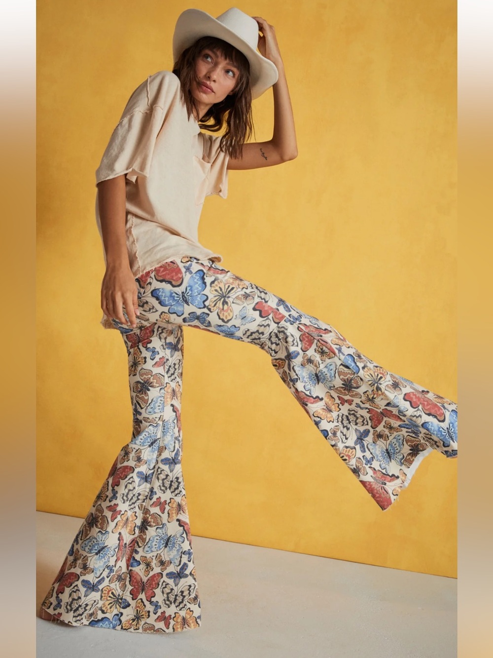 We The Free Just Float on Flare Cream Butterfly Print Flare Pants NWT